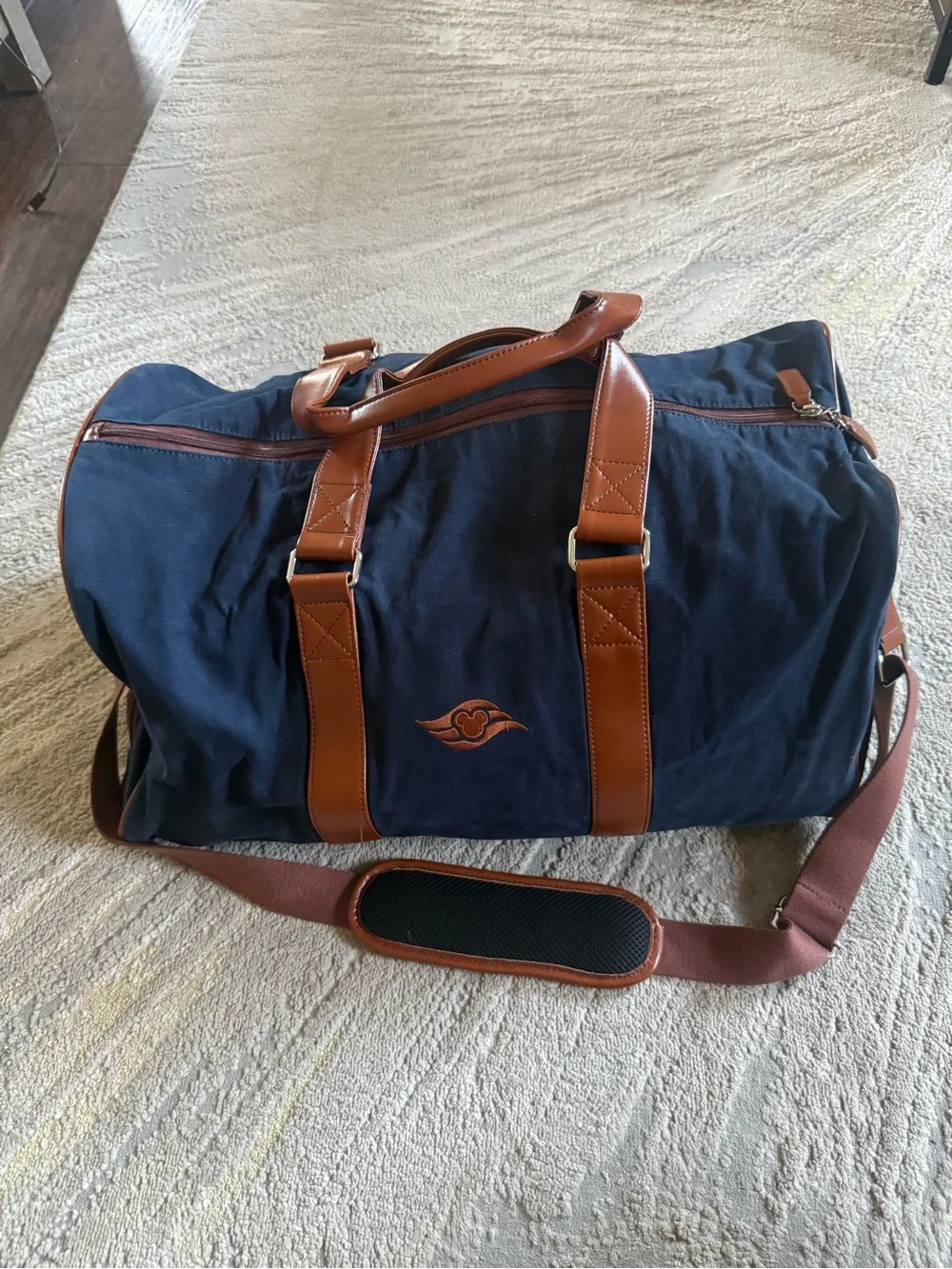 Peter Millar Navy Blue Duffel Bag Crown Seal Canvas Disney Cruise Brown Accents